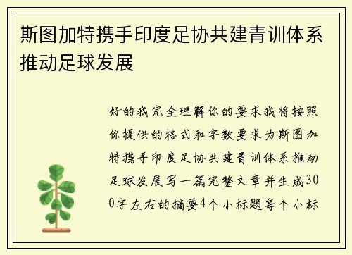 斯图加特携手印度足协共建青训体系推动足球发展